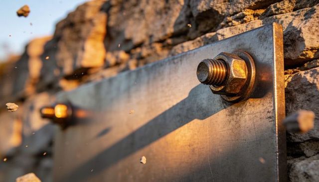 Rusting hex bolt gripping steel mounting plate on exterior stone wall at golden hour