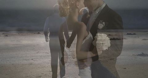 Double Exposure of Bride and Groom at Dusk Beach Walk