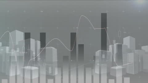 Business Graphs Overlay on 3D Cityscape Illustrating Trends