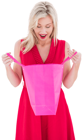 Excited woman opening pink gift bag with surprise transparent background