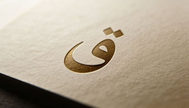 Gold foil arabic letter qaf embossed on cream paper macro detail with two dots