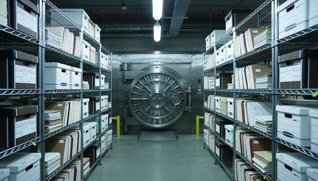 Secure archival vault corridor featuring circular steel vault door and organized records