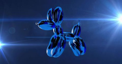 Floating Reflective Blue Metallic Balloon Dog in Virtual 3D Studio