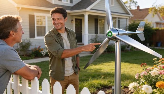 Neighbor pointing at backyard micro wind turbine while smiling homeowner listens, green energy