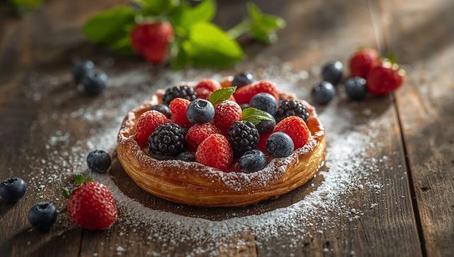 Sunlit mixed berry puff pastry tart on rustic wood with powdered sugar dusting