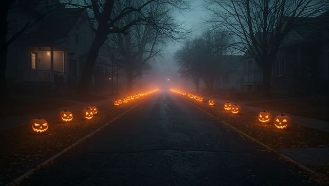 Eerie Halloween Night with Glowing Carved Pumpkins on Misty Street