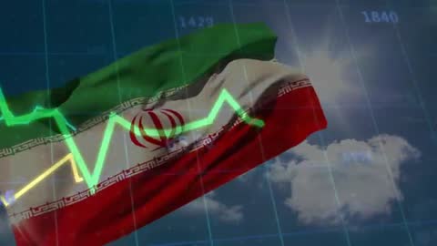 Iran Flag Waving with Stock Market Graph Overlay Visualizing Economic Trends and Data