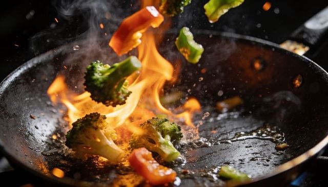 Flame-kissed broccoli and bell peppers searing in sizzling wok over open flame