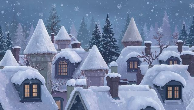 Glowing dormer windows warming snow-laden gabled roofs and turrets at winter dusk