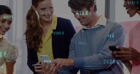 Business Team Analyzing Digital Currency Data on Smartphones