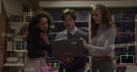 Diverse Team Analyzing Data in Modern Office with Holographic Graphics