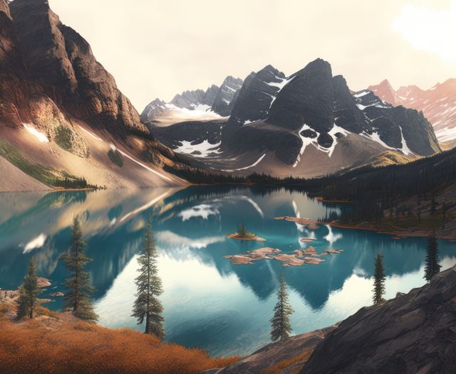 Scenery with mountains, forest and lake created using generative ai technology - Download Free Stock Photos Pikwizard.com