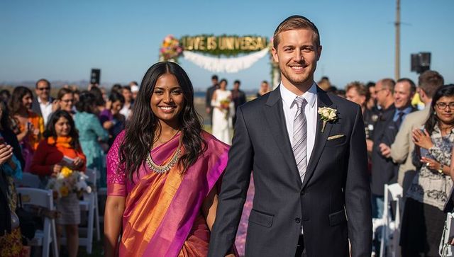 Bride walking in pink silk saree with groom in dark suit under floral arch