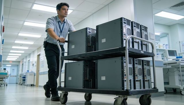 It technician pushing cart loaded with desktop towers through hospital corridor for system upgrade
