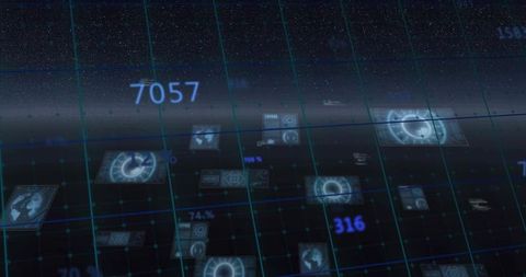 Holographic cyber grid dashboard with floating data panels and neon analytics display