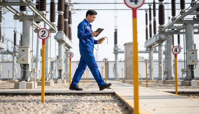 Utility technician walking and inspecting high-voltage substation with tablet and handheld meter