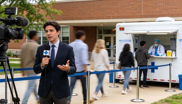 Male reporter delivering live broadcast at outdoor vaccination testing trailer with queue