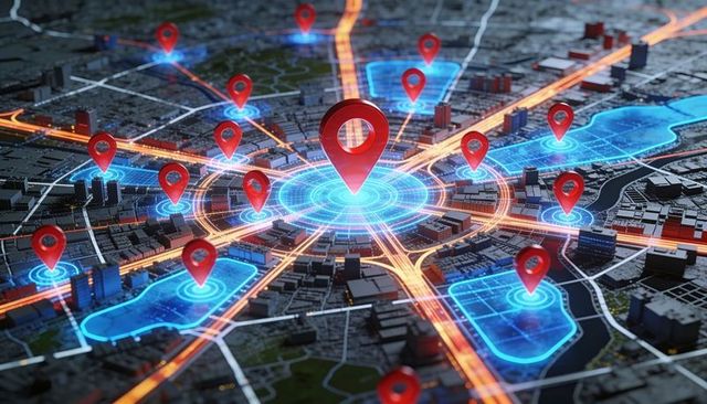 Urban 3d geospatial hub with central red pin and neon blue rings highlighting network