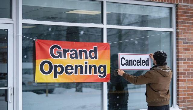 Small business owner canceling grand opening during heavy snow outside storefront window