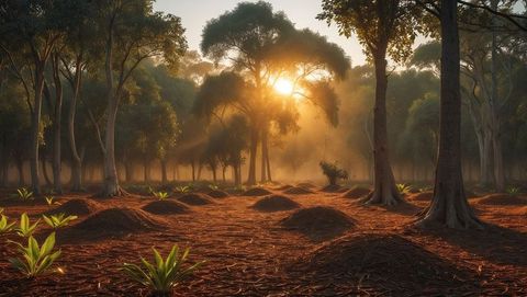 Misty forest dawn illuminating sandalwood and termite mounds