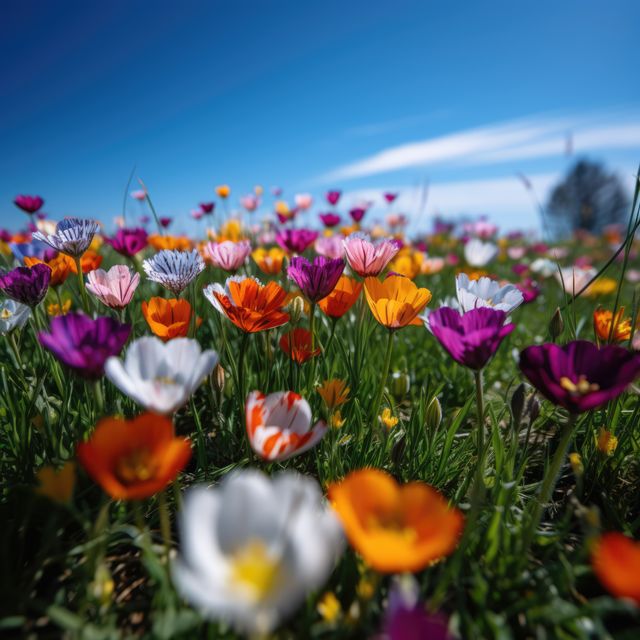 A lush, vibrant field filled with an array of colorful wildflowers blooming under a clear, sunny sky. Ideal for use in advertising materials promoting spring or summertime themes, nature-related content, and backgrounds for websites or greeting cards.