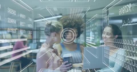 Businesswomen Analyzing Data with Futuristic Interface Background