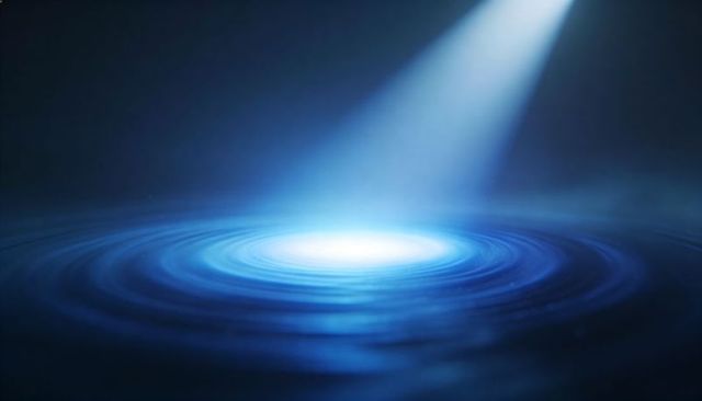 Cyan Spotlight Illuminating Luminous Ripple Pool with Concentric Rings and Misty Beam