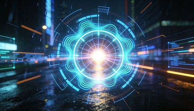 Holographic cybernetic hud projecting neon rings over rain-slick urban street at night