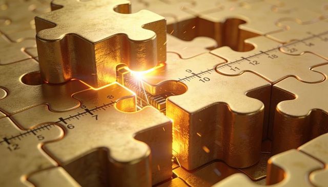 Golden puzzle pieces welding on measurement scale with glowing seam and sparks
