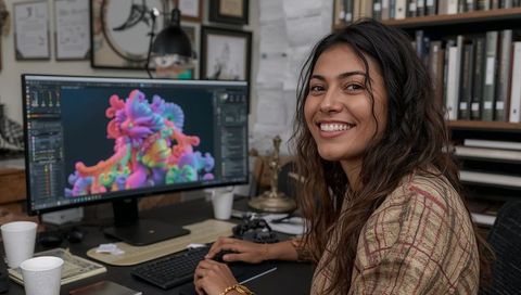 Smiling digital artist working at desk editing vibrant 3d art on widescreen monitor