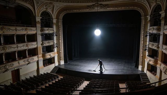 Solo stage cleaner vacuuming ornate historic theater under dramatic spotlight