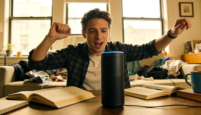 Young man celebrating while talking to smart speaker during urban study session
