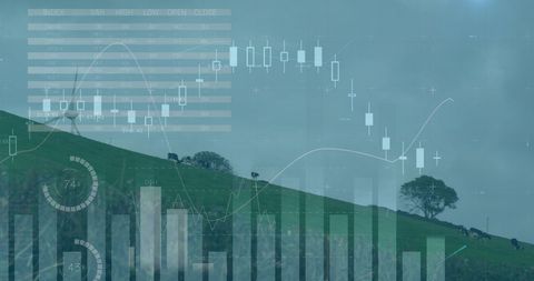wind turbines and stock graphs illustrating global economics - Download Free Stock Images Pikwizard.com