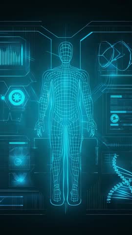 Vertical holographic human wireframe being analyzed with rotating DNA helix and biometric HUD