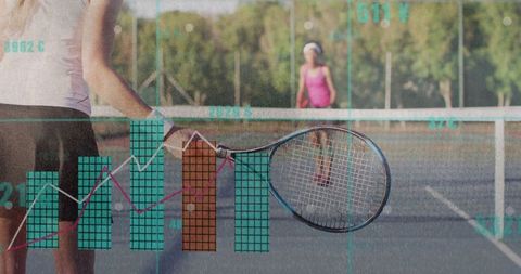 Tennis Player Analyzing Game Performance with Digital Data Overlay