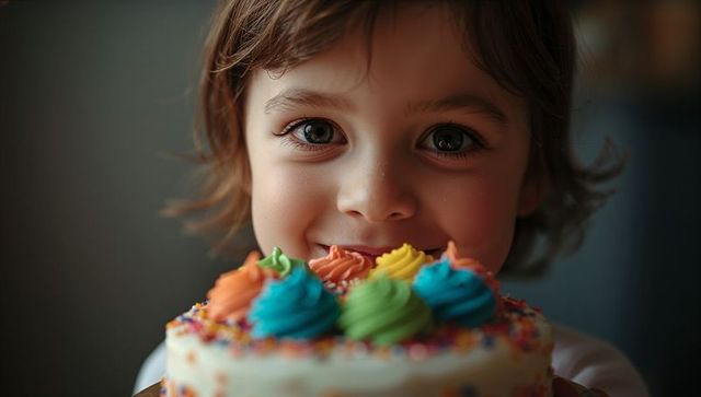 Joyful child holding colorful frosted birthday cake closeup with bright sprinkles