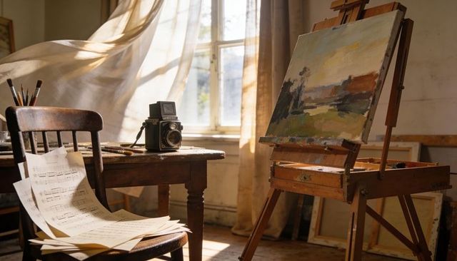 Sunlit rustic art studio with wooden easel, unfinished oil landscape and vintage camera