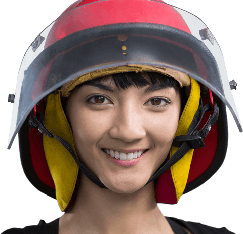 Smiling female architect with transparent helmet on white background