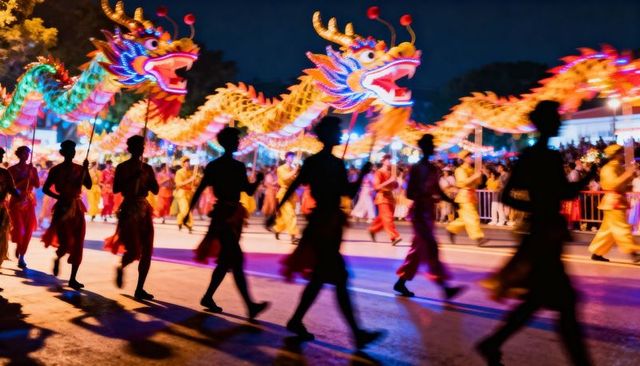 Parading illuminated dragon lantern with silhouetted performers at night festival