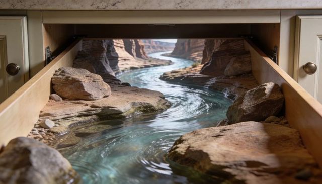 Kitchen drawer transforming into miniature canyon river diorama beneath marble countertop