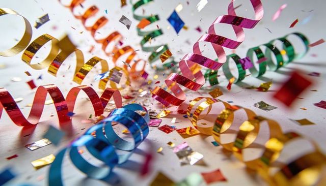 Vibrant Metallic Streamers Curling with Holographic Confetti, Glossy Party Celebration