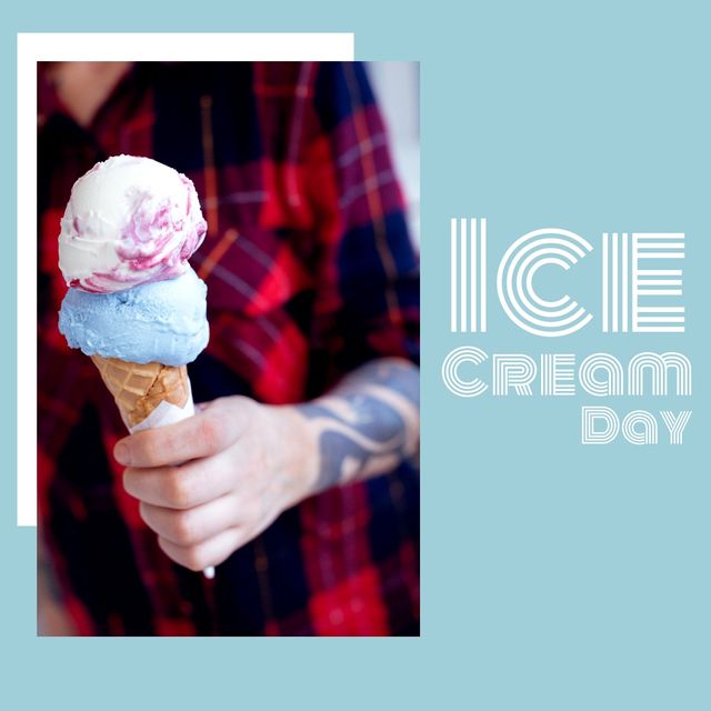 Digital composite image of caucasian woman holding ice cream with ice cream day text, copy space. sweet food and celebration concept, frozen sweet food, dessert.