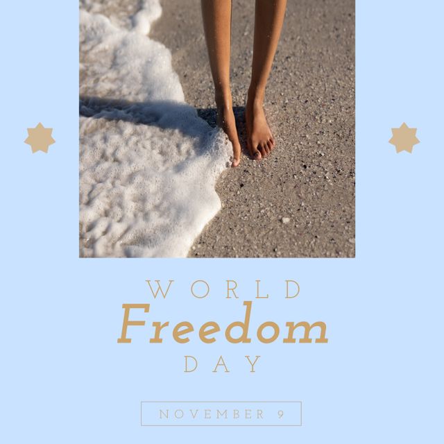 Image of world freedom day over legs of biracial woman on beach. Freedom, holidays, vacations and relax concept.