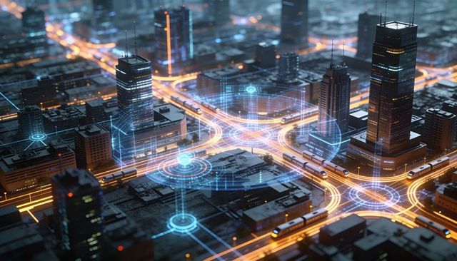 Futuristic smart city intersection with holographic traffic network and neon night lights