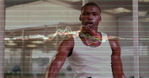 Athlete Running in Gym with Performance Metric Overlay