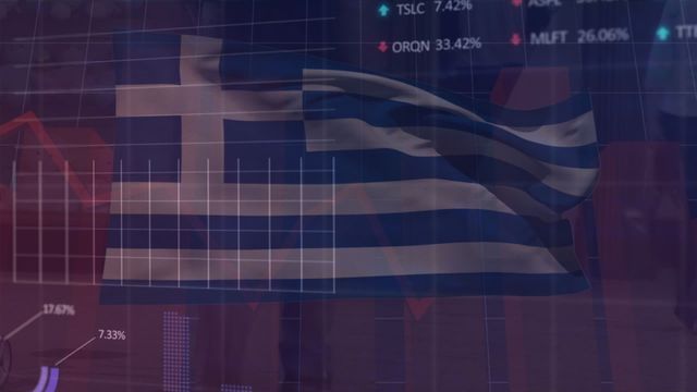 Useful for illustrating economic reports related to Greece, financial news articles, and presentations on the Greek market. The merging visuals of Greece's flag and stock market data underline technology’s influence and integration in modern financial systems.