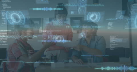 Diverse Business Team Collaborating with Futuristic Digital Interface