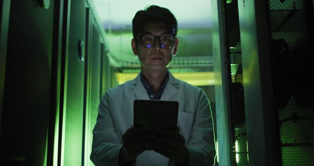 Scientist standing in server room holding tablet. Wearing glasses and lab coat, illuminated by green light. Ideal for use in technology, data analysis, scientific research, engineering or IT related themes.