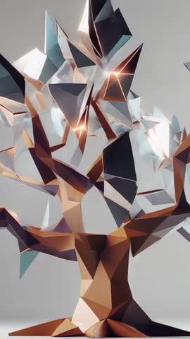 Low-Poly Tree Growing Vertical Loop with Geometric Leaves and Futuristic Glow