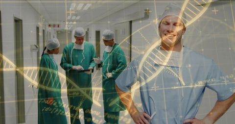 Smiling surgeon in scrubs with dna overlay and surgical team collaborating in hospital